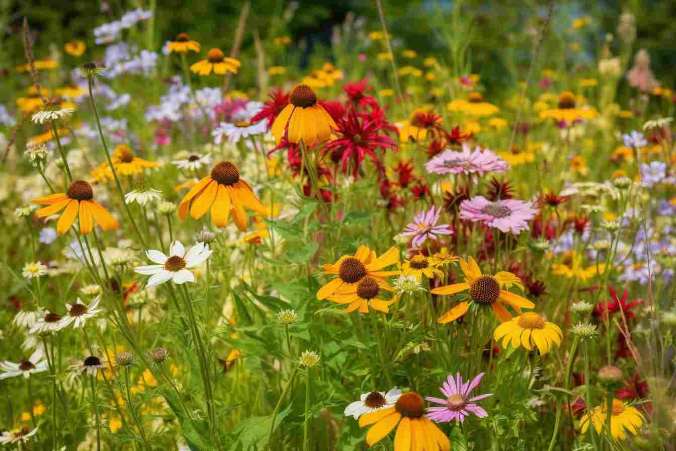 A wildflower garden with a colourful mix of blooms creating a natural and rustic look